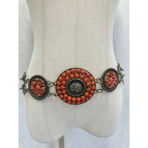 Medallion Chain Concho Belt Womens OS Red Faux Coral Antique Brass Boho Style - Picture 14 of 14